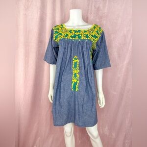 Mi Golondrina Womens Blue Cotton Floral Embroidered Shift Mini Dress Size Medium